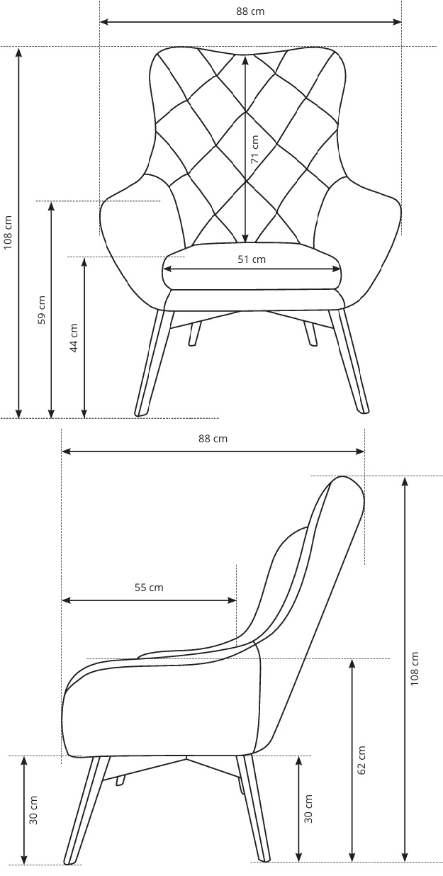 LISA CARO Wygodny Fotel na drewnianych nogach z pikowanym oparciem - zdjęcie produktu